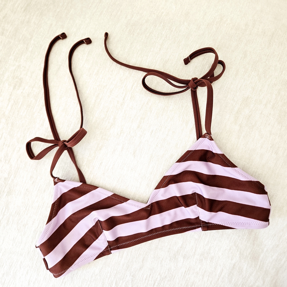 Lilac & Chocolate Brown Stripes Bikini Top with Ties